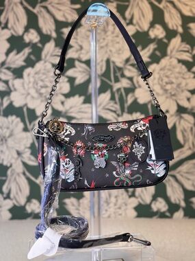Ed Hardy Black Floral Tattoo Charm Shoulder Crossbody Bag NWT